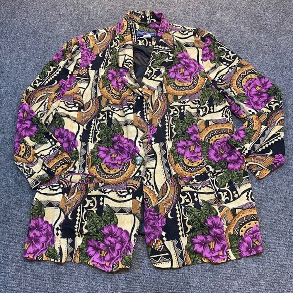 Vintage 90s Maggie McNaughton Blazer Womens 22W Multicolor Floral Rayon Hawaii